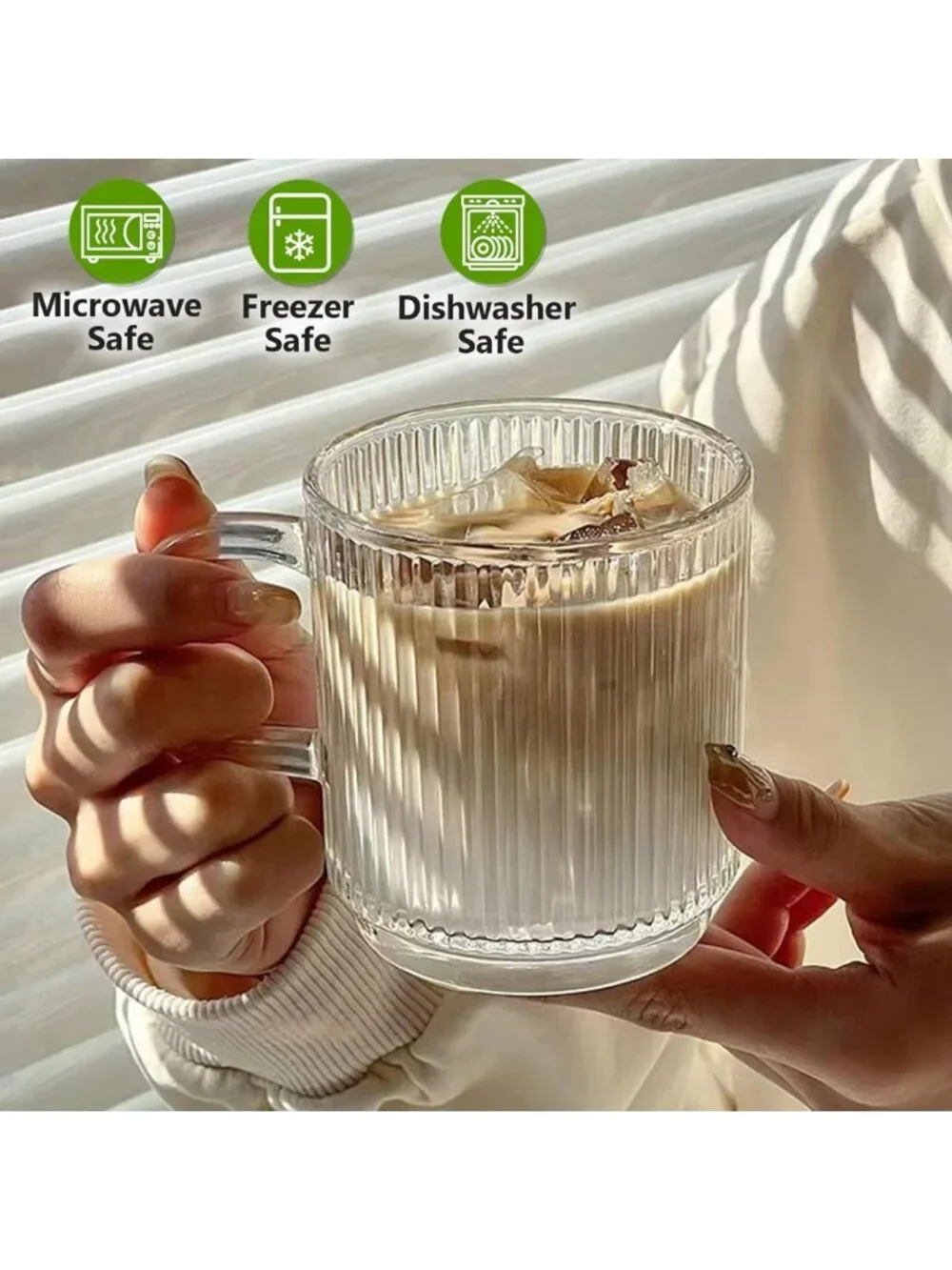 6-Pack Premium Glass Coffee Mugs Set, 12oz Striped Tea Cups for Hot/Cold Drinks